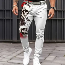 Discount OUKU Halloween Men's Rose Skull Dress Pants Mid Waist Horror Dark Party Evening Wear Pocket Summer Spring Fall White