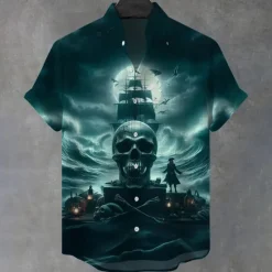Sale OUKU Halloween Men's Sailboat Halloween Costumes Skulls Shirt Button Up Shirt Stand Collar Shirt Short Sleeve Dark Gothic Style Holiday Summer Spring Mandarin Collar 3D Print Linen Like Shirt Black Blue