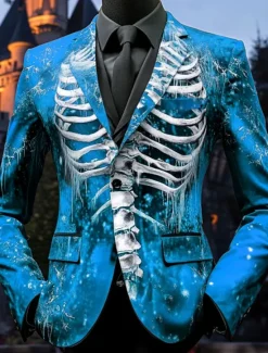 Discount OUKU Halloween Men's Skeleton Blazer Jacket Comfortable Casual Dark Party Evening Wear Daily Festival 3D Print Buttons Multi Pocket Spring Fall & Winter Notch Long Sleeve Red Blue Purple