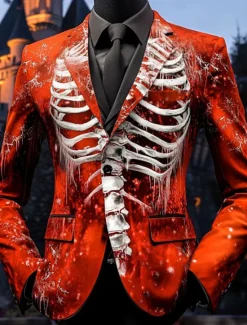Discount OUKU Halloween Men's Skeleton Blazer Jacket Comfortable Casual Dark Party Evening Wear Daily Festival 3D Print Buttons Multi Pocket Spring Fall & Winter Notch Long Sleeve Red Blue Purple