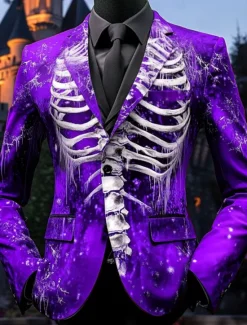 Discount OUKU Halloween Men's Skeleton Blazer Jacket Comfortable Casual Dark Party Evening Wear Daily Festival 3D Print Buttons Multi Pocket Spring Fall & Winter Notch Long Sleeve Red Blue Purple