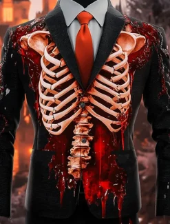 Best OUKU Halloween Men's Skeleton Blazer Jacket Casual Dark Festival 3D Print Spring Fall Winter Notch Long Sleeve Red Orange Green