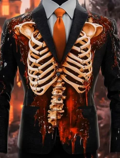 Best OUKU Halloween Men's Skeleton Blazer Jacket Casual Dark Festival 3D Print Spring Fall Winter Notch Long Sleeve Red Orange Green