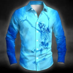 Best OUKU Halloween Men's Skeleton Gradient Color Halloween Costumes Shirt Button Up Shirt Long Sleeve Dark Punk Gothic Style Outdoor Holiday Summer Spring Turndown 3D Print Collared Shirts White Blue Orange