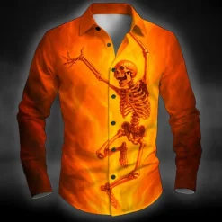 Best OUKU Halloween Men's Skeleton Gradient Color Halloween Costumes Shirt Button Up Shirt Long Sleeve Dark Punk Gothic Style Outdoor Holiday Summer Spring Turndown 3D Print Collared Shirts White Blue Orange