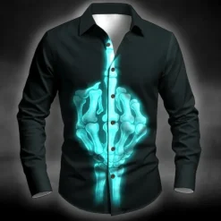 Sale OUKU Halloween Men's Skeleton Middle Finger Halloween Costumes Shirt Button Up Shirt Long Sleeve Dark Punk Gothic Style Outdoor Holiday Summer Spring Turndown 3D Print Collared Shirts Blue Purple Orange