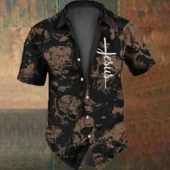 Best OUKU Halloween Men's Skull Cross Halloween Costumes Shirt Button Up Shirt Short Sleeve Dark Gothic Style Holiday Summer Spring Turndown 3D Print Collared Shirts Black 1 Black