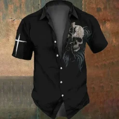 OUKU Halloween Men's Skull Cross Halloween Costumes Shirt Button Up Shirt Short Sleeve Dark Gothic Style Holiday Summer Spring Turndown 3D Print Collared Shirts Black 1 Black