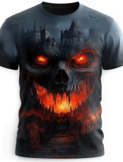 OUKU Halloween Men's Skull 3D Flame T Shirt Short Sleeve T shirt 3D Print Crew Neck Shirt Exaggerated Designer Horror Party Street Casual Black 1 Black Black 2 Summer Spring All Seasons Clothing Apparel S