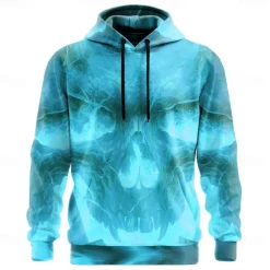 Outlet OUKU Halloween Men's Skull 3D Flame Hoodies Sweatshirt Punk Exaggerated Long Sleeve Crew Neck Club Streetwear Yellow Blue Drawstring Fall Winter Designer