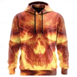 Outlet OUKU Halloween Men's Skull 3D Flame Hoodies Sweatshirt Punk Exaggerated Long Sleeve Crew Neck Club Streetwear Yellow Blue Drawstring Fall Winter Designer