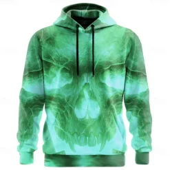 Outlet OUKU Halloween Men's Skull 3D Flame Hoodies Sweatshirt Punk Exaggerated Long Sleeve Crew Neck Club Streetwear Yellow Blue Drawstring Fall Winter Designer