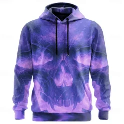 Outlet OUKU Halloween Men's Skull 3D Flame Hoodies Sweatshirt Punk Exaggerated Long Sleeve Crew Neck Club Streetwear Yellow Blue Drawstring Fall Winter Designer