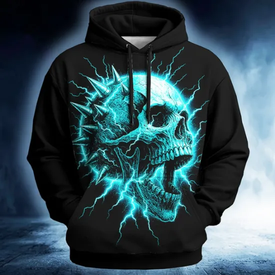 Outlet OUKU Halloween Men's Skull 3D Hoodie Sweatshirt Punk Exaggerated Long Sleeve Crew Neck Club Streetwear Red Blue Drawstring Fall Winter Designer
