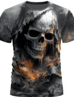 Clearance OUKU Halloween Men's Skull 3D Reaper T Shirt Short Sleeve T shirt 3D Print Crew Neck Round Neck Shirt Exaggerated Designer Horror Party Street Casual Black 1 Black Red Summer Spring All Seasons Clothing