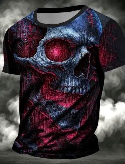Outlet OUKU Halloween Men's Skull 3D T Shirt Short Sleeve T shirt 3D Print Crew Neck Shirt Exaggerated Designer Horror Party Street Holiday Red Blue Summer Spring All Seasons Clothing Apparel S M L XL XXL XXXL