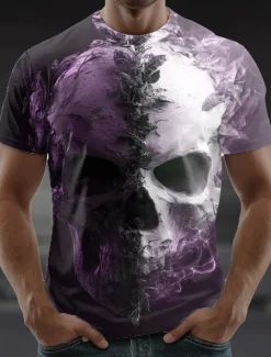 Clearance OUKU Halloween Men's Skull 3D T Shirt Short Sleeve T shirt 3D Print Crew Neck Shirt Exaggerated Designer Horror Party Street Casual Blue Purple Brown Summer Spring All Seasons Clothing Apparel S M L XL