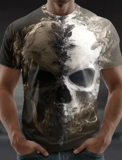 Clearance OUKU Halloween Men's Skull 3D T Shirt Short Sleeve T shirt 3D Print Crew Neck Shirt Exaggerated Designer Horror Party Street Casual Blue Purple Brown Summer Spring All Seasons Clothing Apparel S M L XL