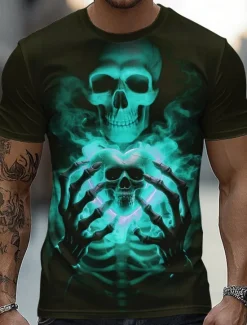Best OUKU Halloween Men's Skull 3D T Shirt Short Sleeve T shirt 3D Print Crew Neck Shirt Fashion Exaggerated Daily Party Street Casual Yellow Red Blue Summer Spring All Seasons Clothing Apparel S M L XL XXL