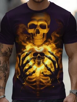 Best OUKU Halloween Men's Skull 3D T Shirt Short Sleeve T shirt 3D Print Crew Neck Shirt Fashion Exaggerated Daily Party Street Casual Yellow Red Blue Summer Spring All Seasons Clothing Apparel S M L XL XXL