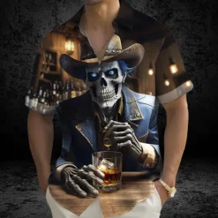Online OUKU Halloween Men's Skull Death Halloween Costumes Shirt Summer Shirt Button Up Shirt Short Sleeve Dark Gothic Style Holiday Summer Spring Turndown 3D Print Collared Shirts Front One Pocket Brown Dark
