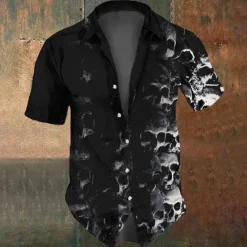 Clearance OUKU Halloween Men's Skull Death Halloween Costumes Shirt Button Up Shirt Short Sleeve Dark Gothic Style Holiday Summer Spring Turndown 3D Print Collared Shirts Black 1 Black