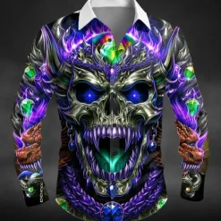 Sale OUKU Halloween Men's Skull Dragon Flame Shirt Button Up Shirt Long Sleeve Dark Punk Gothic Style Outdoor Holiday Summer Spring Turndown 3D Print Collared Shirts Purple Orange Green