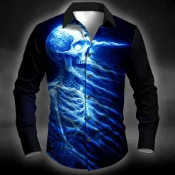 Outlet OUKU Halloween Men's Skull Flame Halloween Costumes Shirt Button Up Shirt Long Sleeve Dark Punk Gothic Style Outdoor Holiday Summer Spring Turndown 3D Print Collared Shirts Blue Purple Orange Green Gray