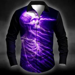Outlet OUKU Halloween Men's Skull Flame Halloween Costumes Shirt Button Up Shirt Long Sleeve Dark Punk Gothic Style Outdoor Holiday Summer Spring Turndown 3D Print Collared Shirts Blue Purple Orange Green Gray