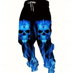 New OUKU Halloween Men's Skull Flame Halloween Costumes Sweatpants Joggers Trousers Mid Waist Drawstring Elastic Waist Casual Jogging Streetwear Workout Athletic Sweatpants with Pockets Spring Fall 3D Print Black