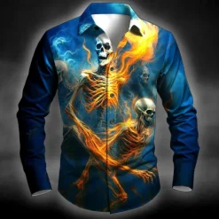 Clearance OUKU Halloween Men's Skull Flame Halloween Costumes Shirt Button Up Shirt Long Sleeve Dark Punk Gothic Style Outdoor Holiday Summer Spring Turndown 3D Print Collared Shirts Red Blue Dark Green