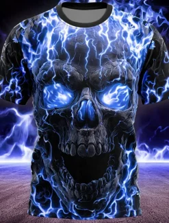Online OUKU Halloween Men's Skull Flame T Shirt Short Sleeve T shirt 3D Print Crew Neck Shirt Gothic Street Casual Dark Party Lake Blue Blue Purple Summer Spring All Seasons Clothing Apparel S M L XL XXL XXXL