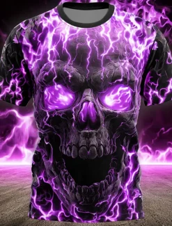 Online OUKU Halloween Men's Skull Flame T Shirt Short Sleeve T shirt 3D Print Crew Neck Shirt Gothic Street Casual Dark Party Lake Blue Blue Purple Summer Spring All Seasons Clothing Apparel S M L XL XXL XXXL