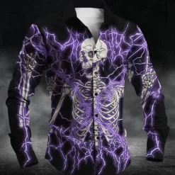 Sale OUKU Halloween Men's Skull Halloween Costumes Button Up Shirt Long Sleeve Horror Party Evening Wear Daily Fall Winter Spring & Summer Shirt Collar 3D Print Red Blue Purple Green