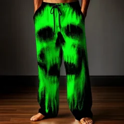 New OUKU Halloween Men's Skull Halloween Costumes Trousers Baggy Pants Casual Pants Mid Waist Dark Gothic Style Outdoor Holiday Elastic Drawstring Waist Linen-Like Pants with Pockets Summer Spring Fall 3D