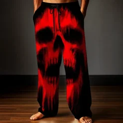 New OUKU Halloween Men's Skull Halloween Costumes Trousers Baggy Pants Casual Pants Mid Waist Dark Gothic Style Outdoor Holiday Elastic Drawstring Waist Linen-Like Pants with Pockets Summer Spring Fall 3D