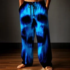 New OUKU Halloween Men's Skull Halloween Costumes Trousers Baggy Pants Casual Pants Mid Waist Dark Gothic Style Outdoor Holiday Elastic Drawstring Waist Linen-Like Pants with Pockets Summer Spring Fall 3D