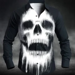Clearance OUKU Halloween Men's Skull Halloween Costumes Shirt Button Up Shirt Long Sleeve Dark Punk Gothic Style Outdoor Holiday Summer Spring Turndown 3D Print Collared Shirts White Red Blue Green Light Blue