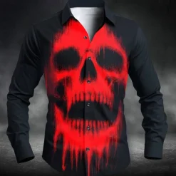 Clearance OUKU Halloween Men's Skull Halloween Costumes Shirt Button Up Shirt Long Sleeve Dark Punk Gothic Style Outdoor Holiday Summer Spring Turndown 3D Print Collared Shirts White Red Blue Green Light Blue