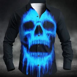 Clearance OUKU Halloween Men's Skull Halloween Costumes Shirt Button Up Shirt Long Sleeve Dark Punk Gothic Style Outdoor Holiday Summer Spring Turndown 3D Print Collared Shirts White Red Blue Green Light Blue