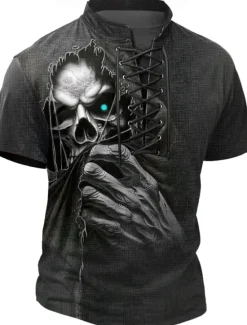 OUKU Halloween Men's Skull Henley Shirt T shirt Tee Short Sleeve T shirt 3D Print Crew Neck Lace Up Neck Henley Shirt Casual Street Sports Outdoor Casual Black 1 Black 2 Summer Spring All Seasons Clothing