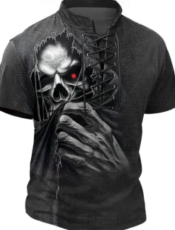 OUKU Halloween Men's Skull Henley Shirt T shirt Tee Short Sleeve T shirt 3D Print Crew Neck Lace Up Neck Henley Shirt Casual Street Sports Outdoor Casual Black 1 Black 2 Summer Spring All Seasons Clothing