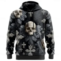 Hot OUKU Halloween Men's Skull Hoodies Sweatshirt Punk Exaggerated Long Sleeve Crew Neck Club Streetwear Black Blue Drawstring 3D Fall Winter Designer