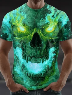 Discount OUKU Halloween Men's Skull Optical Illusion 3D T Shirt Short Sleeve T shirt 3D Print Crew Neck Shirt Exaggerated Designer Horror Party Street Casual Red Purple Green Summer Spring All Seasons Clothing