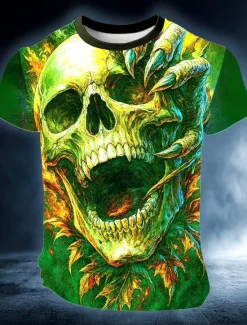 Sale OUKU Halloween Men's Skull Optical Illusion 3D T Shirt Short Sleeve T shirt 3D Print Crew Neck Shirt Exaggerated Designer 3D Party Street Casual Red Blue Green Summer Spring All Seasons Clothing Apparel S