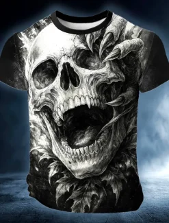 Sale OUKU Halloween Men's Skull Optical Illusion 3D T Shirt Short Sleeve T shirt 3D Print Crew Neck Shirt Exaggerated Designer 3D Party Street Casual Red Blue Green Summer Spring All Seasons Clothing Apparel S