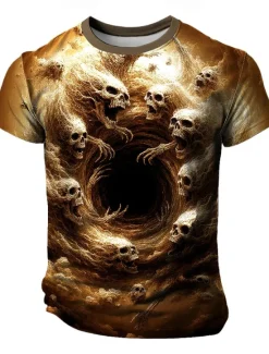 New OUKU Halloween Men's Skull Optical Illusion 3D T Shirt Short Sleeve T shirt 3D Print Crew Neck Shirt Exaggerated Designer Horror Party Street Casual Yellow Blue Purple Summer Spring All Seasons Clothing