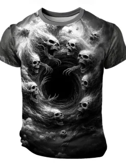 New OUKU Halloween Men's Skull Optical Illusion 3D T Shirt Short Sleeve T shirt 3D Print Crew Neck Shirt Exaggerated Designer Horror Party Street Casual Yellow Blue Purple Summer Spring All Seasons Clothing