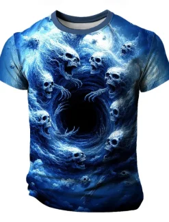 New OUKU Halloween Men's Skull Optical Illusion 3D T Shirt Short Sleeve T shirt 3D Print Crew Neck Shirt Exaggerated Designer Horror Party Street Casual Yellow Blue Purple Summer Spring All Seasons Clothing