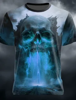 New OUKU Halloween Men's Skull Optical Illusion 3D T Shirt Short Sleeve T shirt 3D Print Crew Neck Shirt Exaggerated Designer Horror Party Street Holiday Blue Orange Green Summer Spring Clothing Apparel S M L